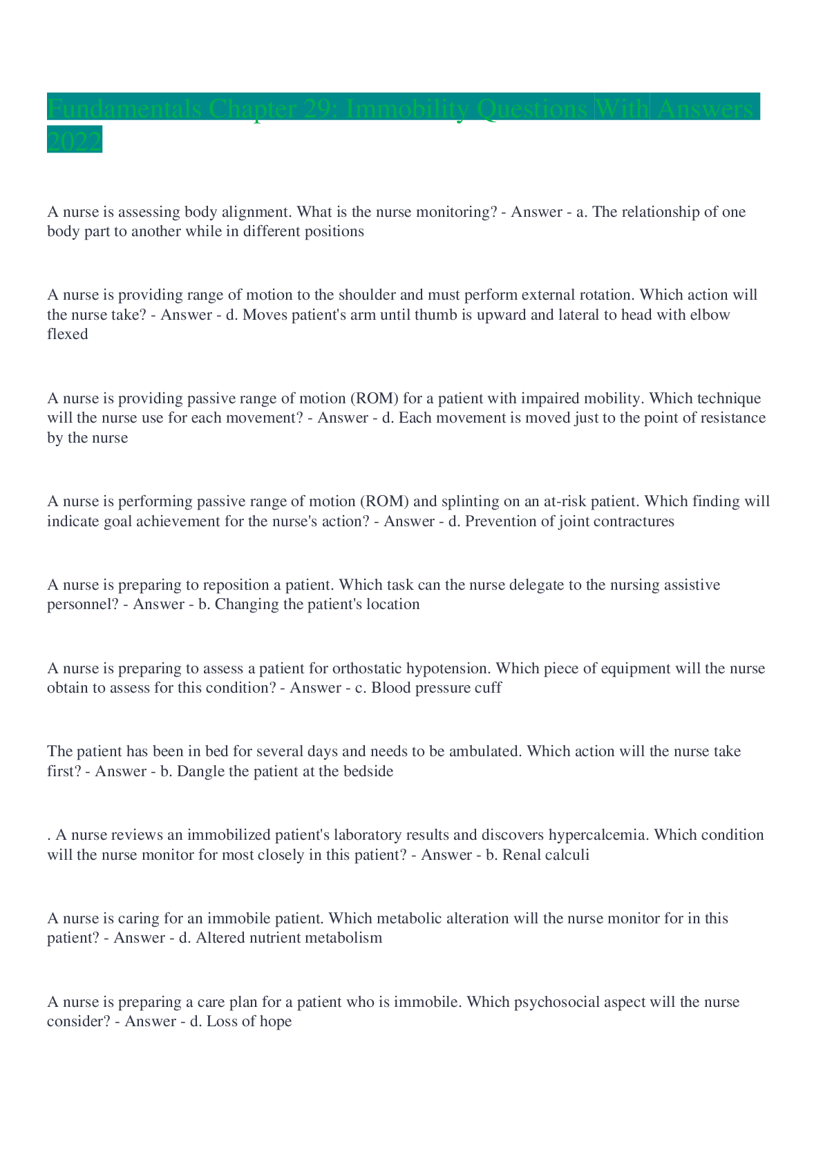 Preview image for Fundamentals Chapter 29: Immobility Questions With Answers 2022